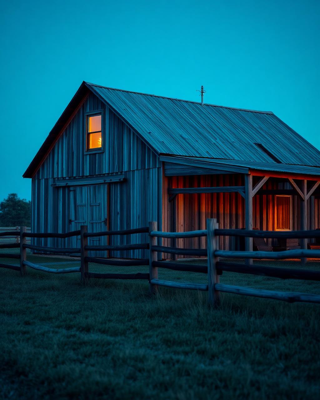 Weathered western ranch barn at dusk