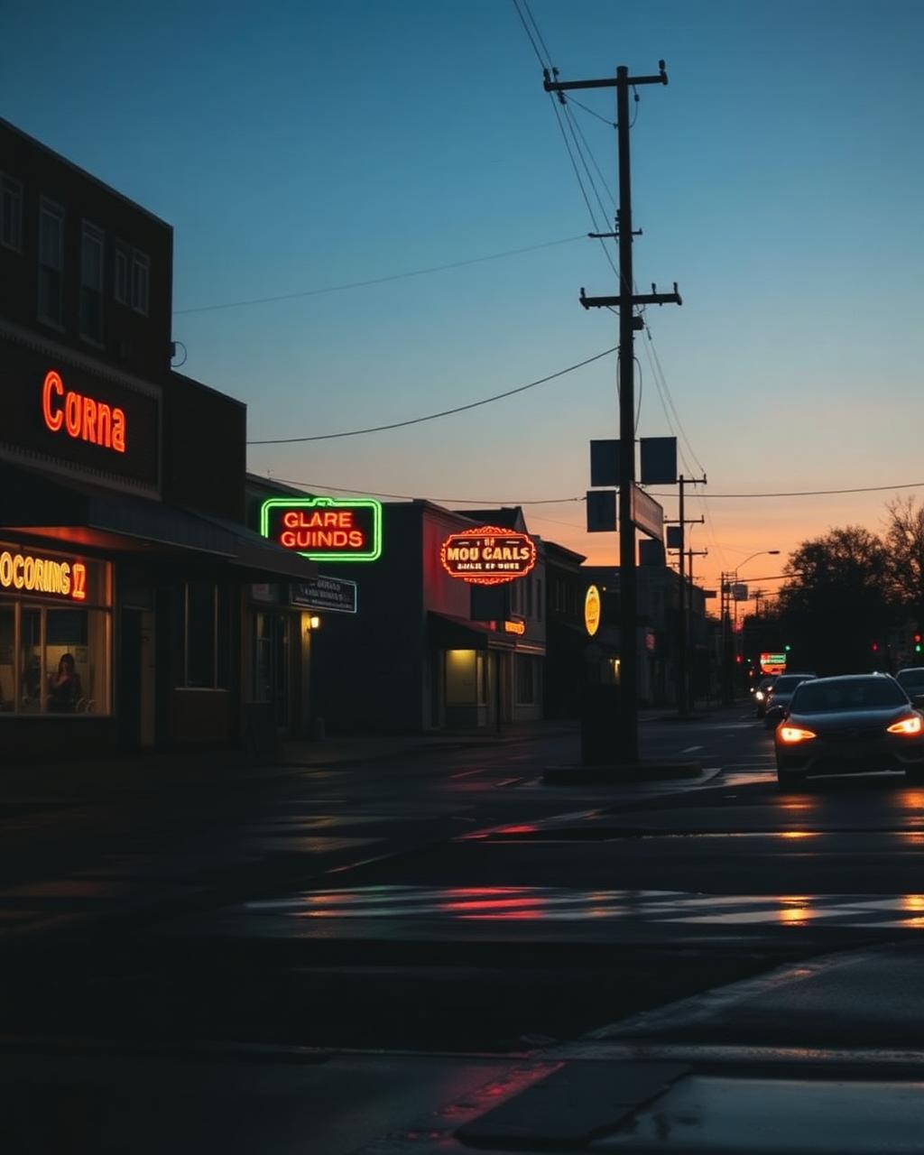 Small town main street at blue hour