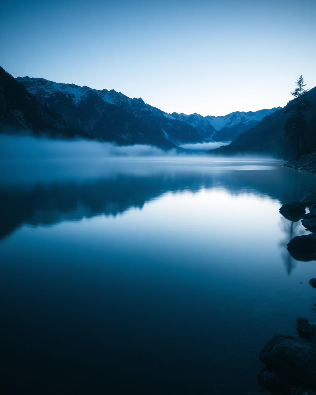 Still alpine lake at blue hour