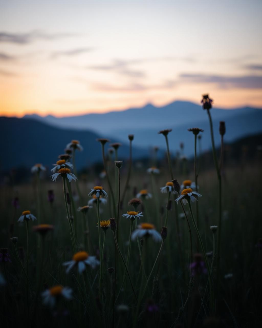 Wildflower meadow below distant mountains